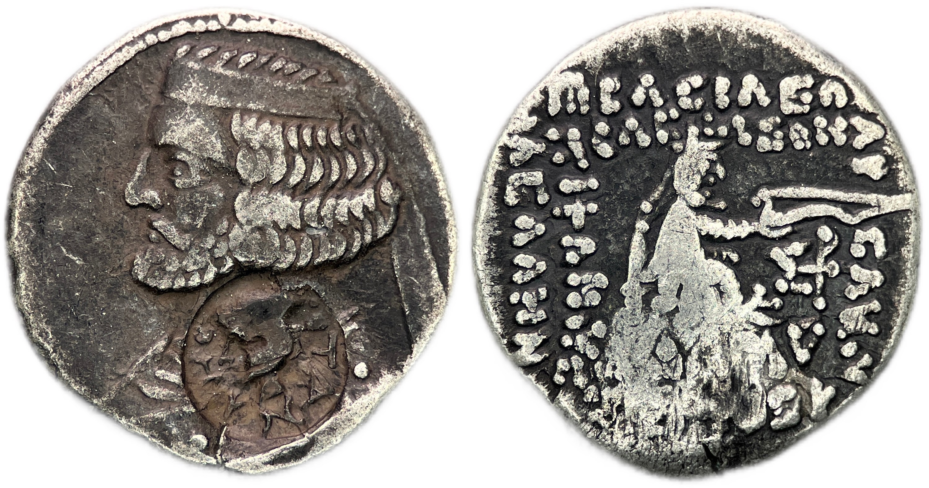 Indo-Parthian Tanlis Mardates countermark on Orodes drachm 1st century B.C 3.77g
