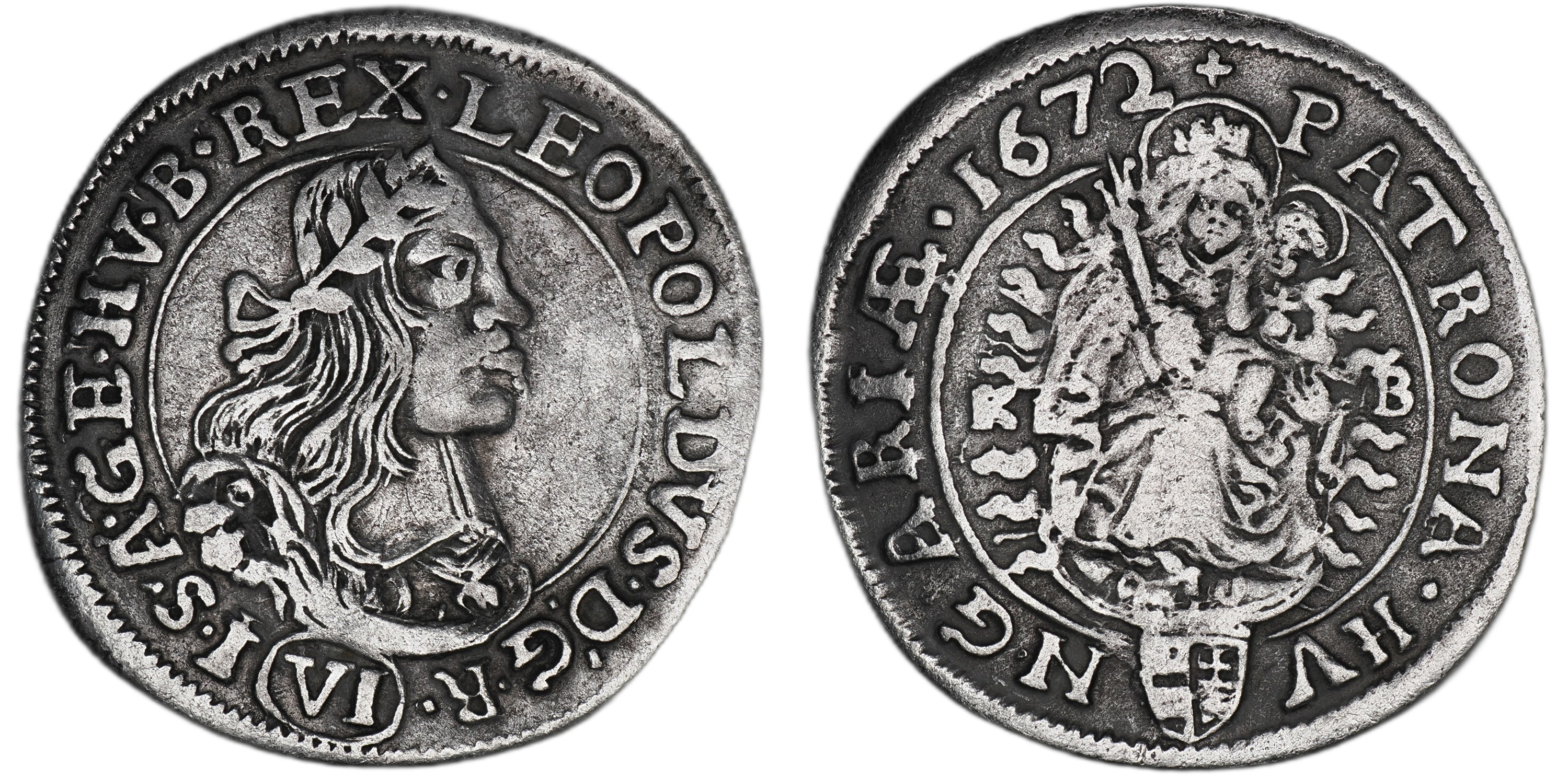 Hungary Leopold I AR 6 Kreuzer 1672 KB Kremnitz Patrona Hungariae Hammered
