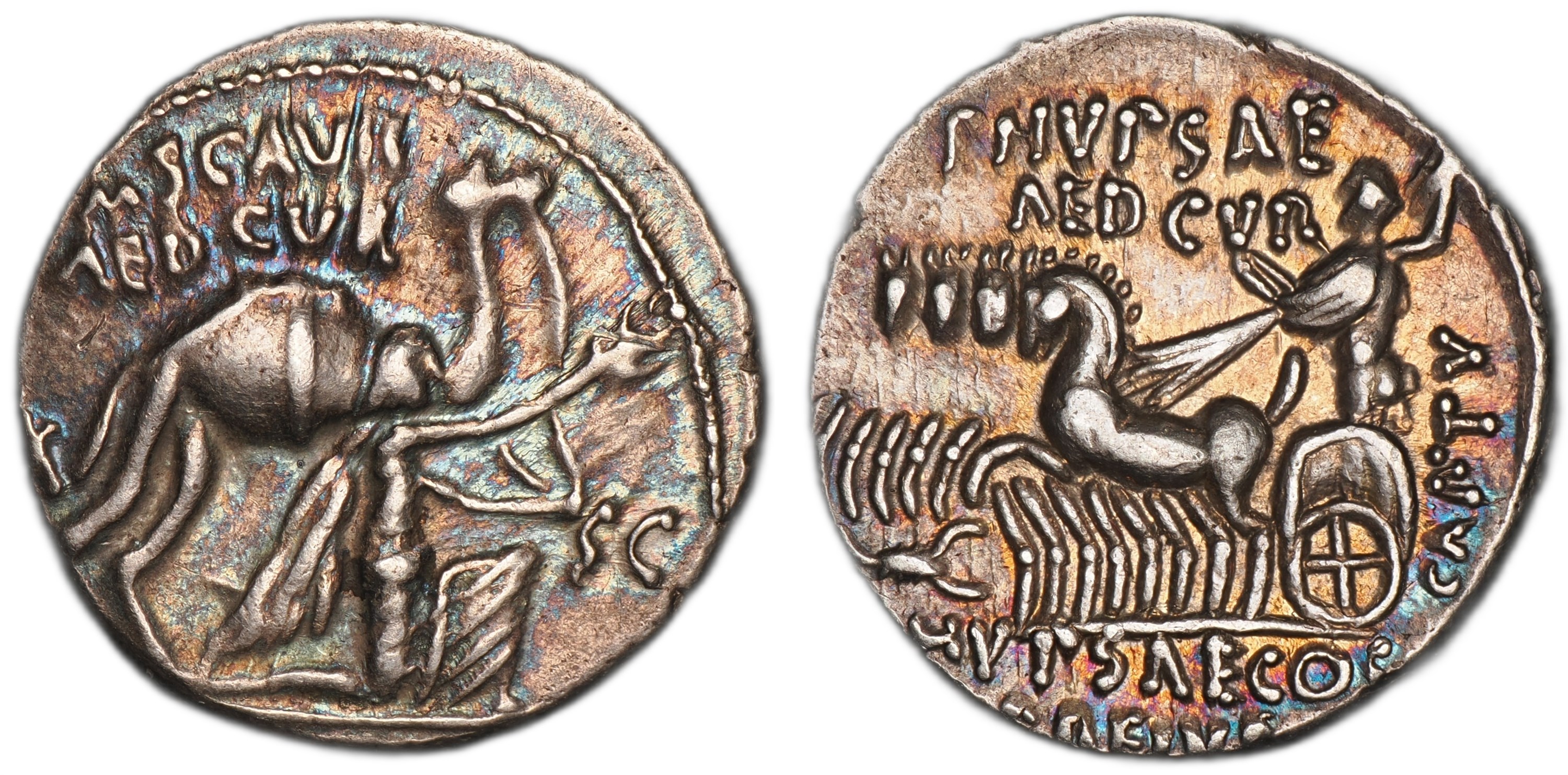 M. Aemilius Scaurus and P. Plautius Hypsaeus. Denarius, Rome, 58 BC